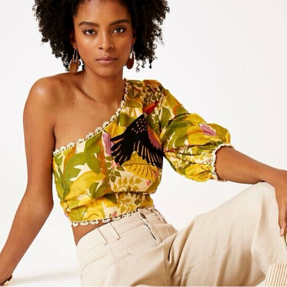 FARM Rio Yellow Floral One-Shoulder Crop Top
